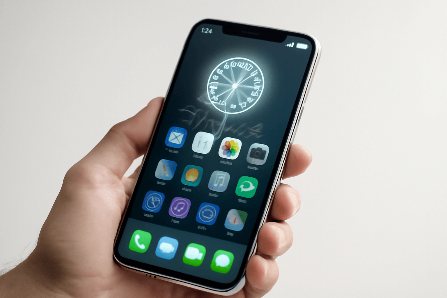 Revolutionizing App Experiences with Apple's AI Powerhouse: A smartphone displaying glowing app icons, symbolizing Apple's AI integration.