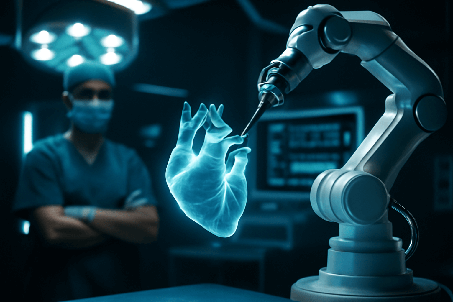AI-Guided Robots Take Over Heart Surgery 2025: A surgeon oversees a futuristic AI-powered robotic heart surgery, where a robotic arm manipulates a holographic heart in a modern operating room, reflecting the evolution of autonomous heart procedures.