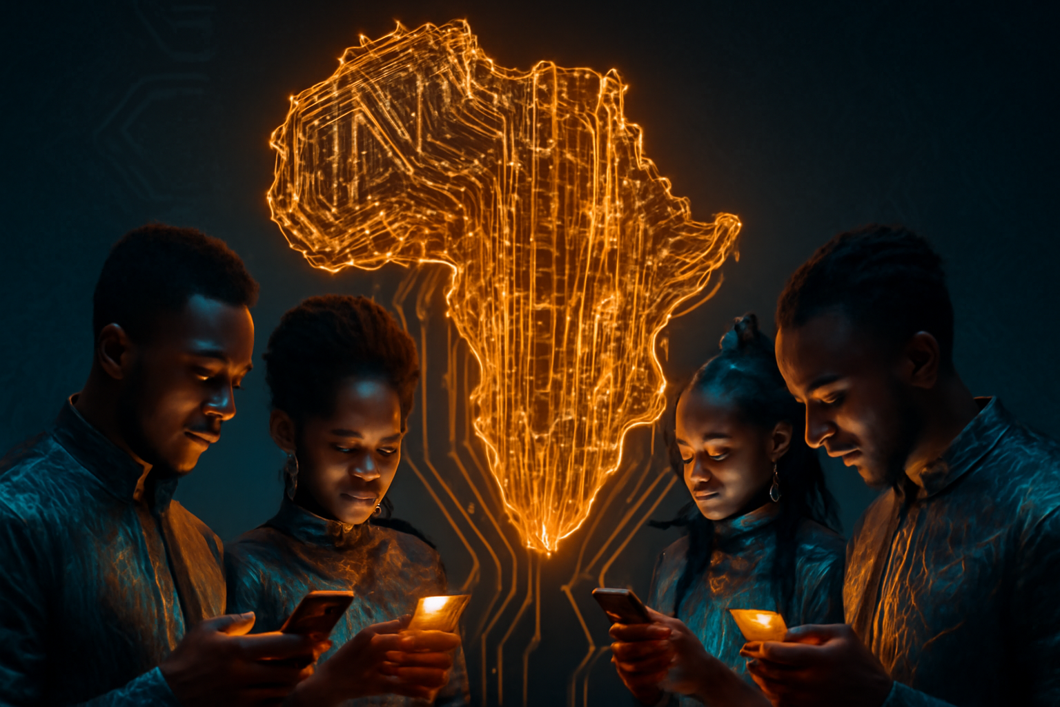 Africa's Fintech Gold Rush: A digital map of Africa glowing with interconnected circuit boards, symbolizing the 2025 revolution led by Flutterwave, OPay & M-Kopa.