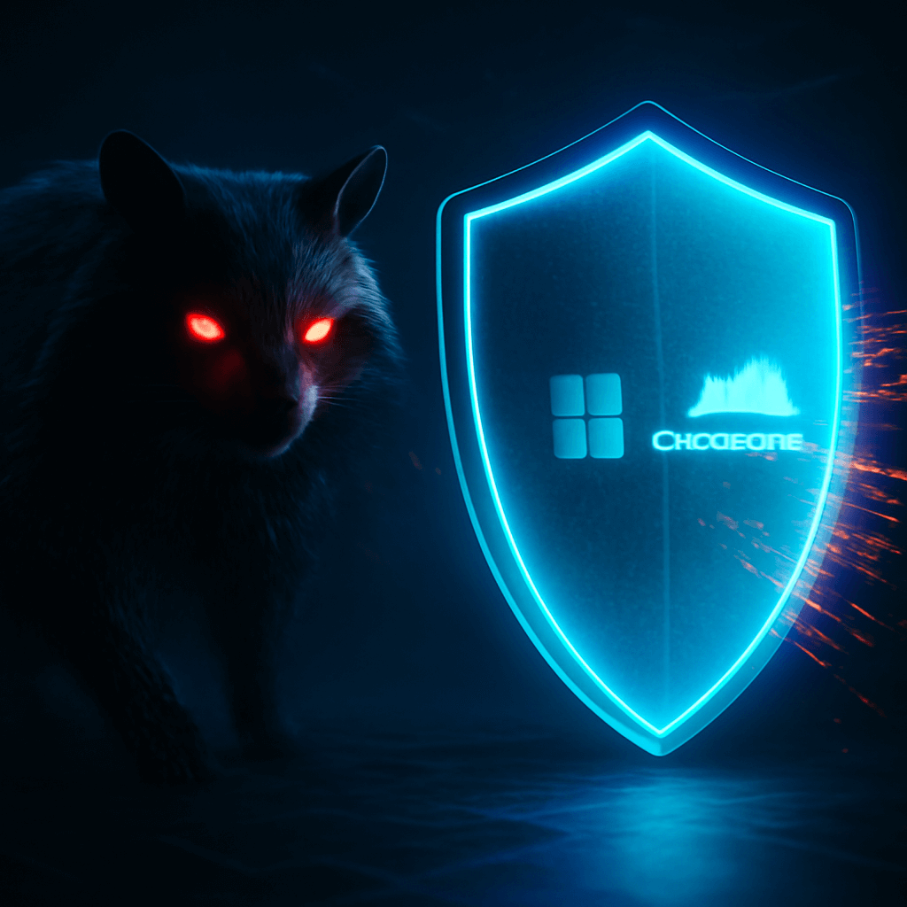 Microsoft & Cloudflare crush RaccoonO365, a digital shield protects against the shadowy RaccoonO365 phishing attack in this cinematic cybersecurity visual.
