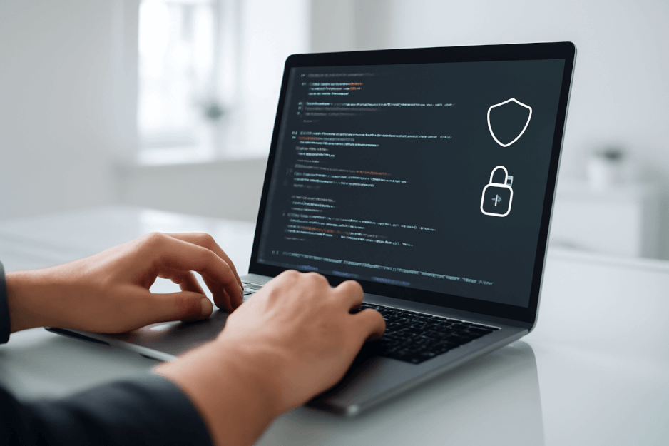 Professional developer coding on laptop with secure AI app interface — white minimalist workspace. A visual symbol of proactive app security at launch.