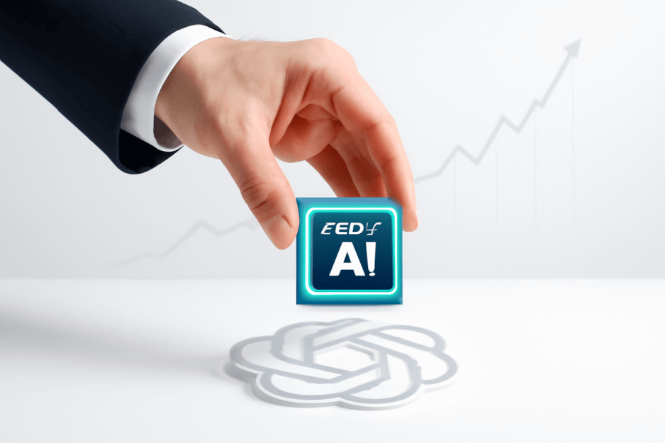 Hand placing AMD AI chip on OpenAI logo, symbolizing how AI compute has become Wall Street's hottest asset class and is changing tech funding.