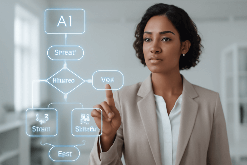 A professional audits an AI agent's workflow on a holographic screen, showcasing auditable AI systems with OpenAI's AgentKit, moving beyond automation.