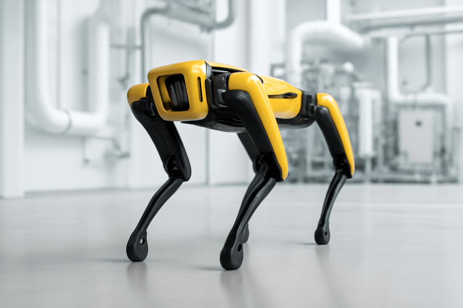 AI-powered quadruped inspection robot in a modern industrial facility inspecting aging global infrastructure for Energy Robotics.