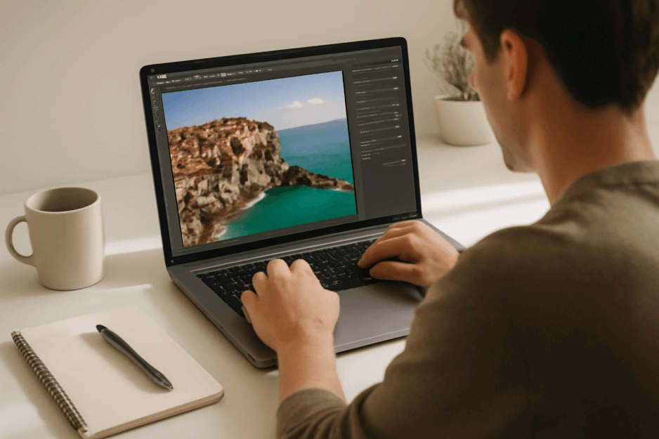 A professional designer working on Adobe Photoshop using AI-powered editing tools on a white minimalist workspace — showcasing how Adobe’s new AI assistants elevate creative workflows.