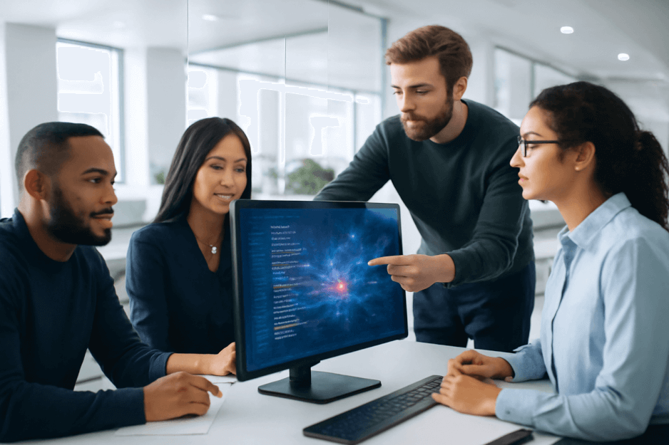 Enterprise engineers collaborating in a modern AI-driven workspace, symbolizing the enduring need for human expertise alongside emerging vibe coding technologies.