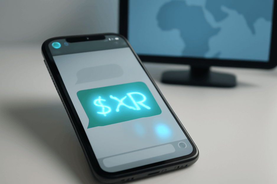 A smartphone on a white desk displaying a WhatsApp chat interface with subtle digital currency icons and a blurred map of Africa in the background, representing Ripple’s RLUSD integration with Mandla Money for South Africa’s fintech evolution.