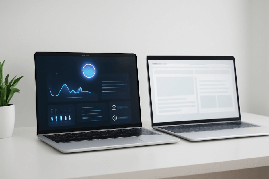 A clean minimalist desk setup featuring two laptops symbolizing the comparison between OpenAI’s ChatGPT Atlas and Perplexity’s Comet—capturing the essence of intelligent, AI-powered browsing.