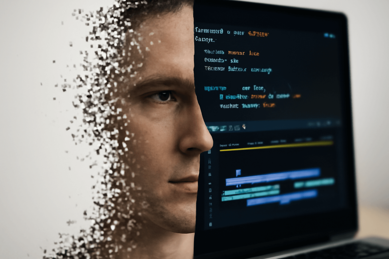 A symbolic representation of AI recreating the likeness of the deceased — a human face breaking into data fragments beside a glowing computer interface, highlighting the ethical tension surrounding generative AI and deepfakes.