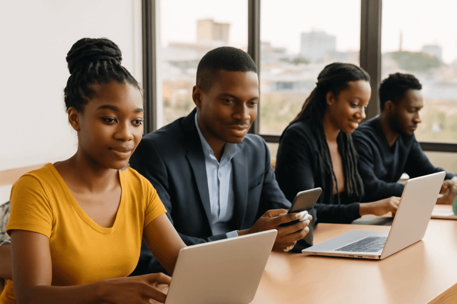 Young African innovators using ChatGPT Go in Nairobi’s tech hub, representing OpenAI’s push for accessible AI across the continent.