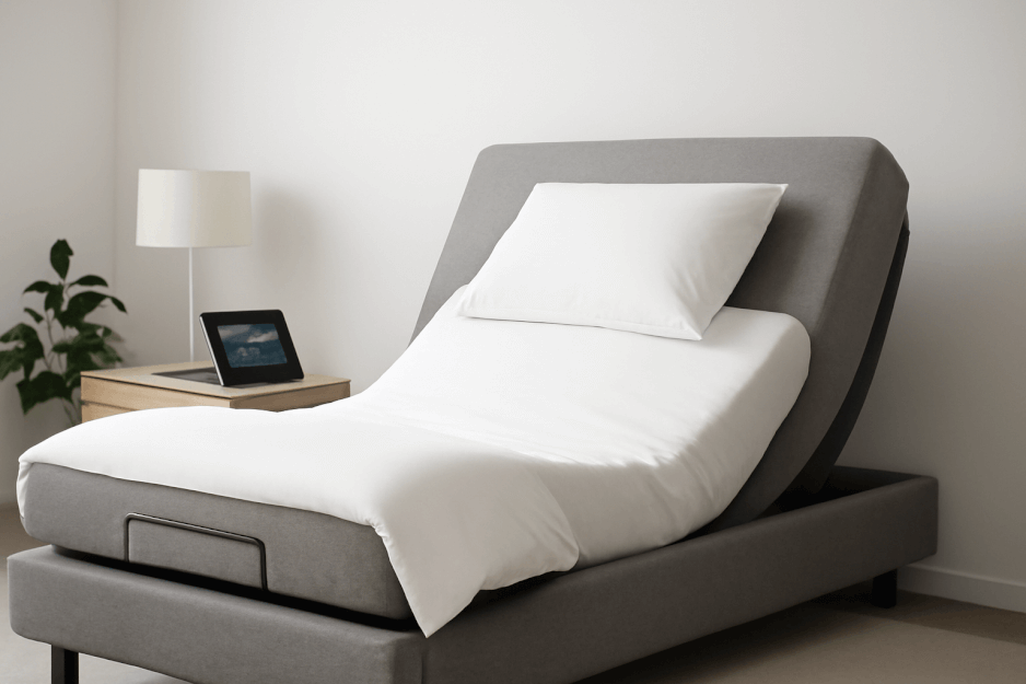 A modern smart bed frozen upright in a minimalist bedroom — symbolizing the danger of overreliance on home technology.