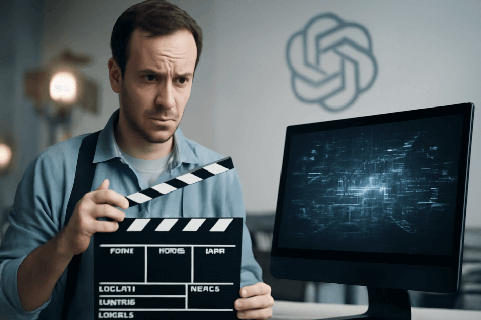 A filmmaker faces a futuristic screen showing AI code, symbolizing Hollywood’s growing conflict with AI tools like OpenAI’s Sora 2.