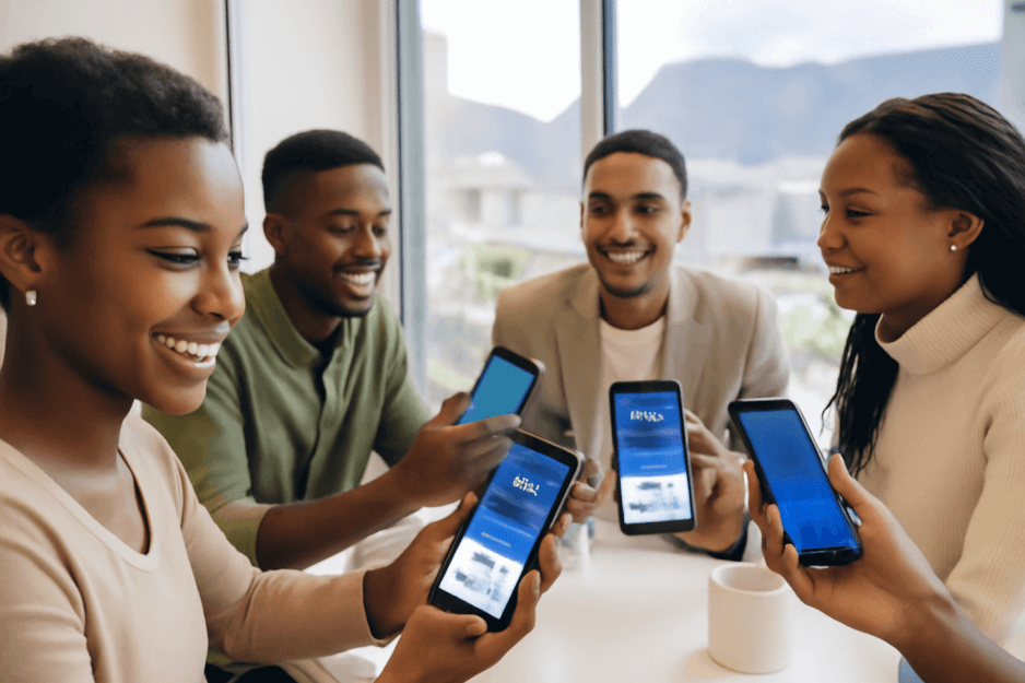 A group of South Africans using mobile crypto wallets in a bright, modern café, symbolizing mainstream cryptocurrency adoption in South Africa through Luno.