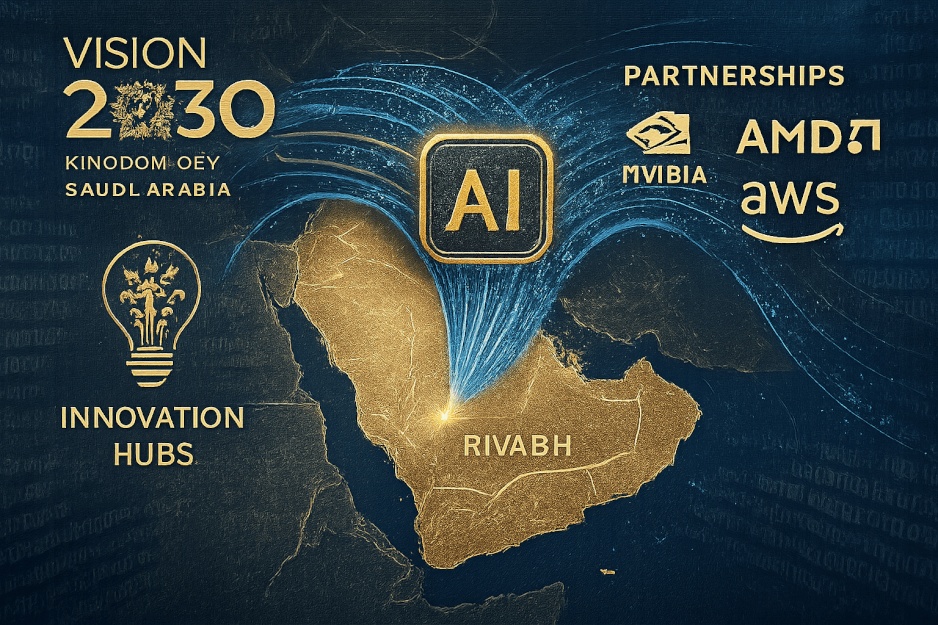 Elon Musk in a futuristic setting, conceptually overseeing a global network of data and AI connections originating from the Middle East.