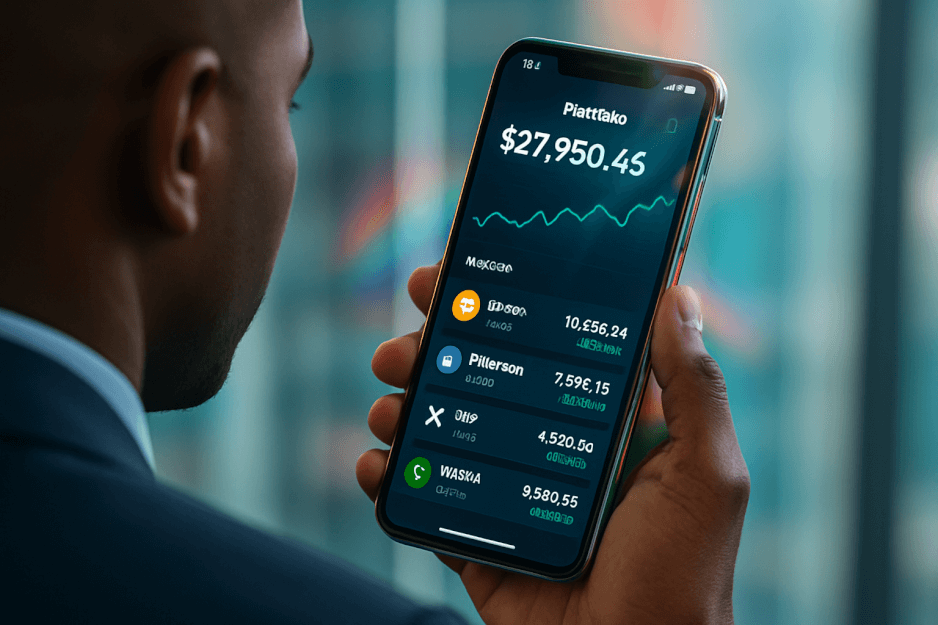 A small business owner in South Africa using a smartphone to process a crypto payment.