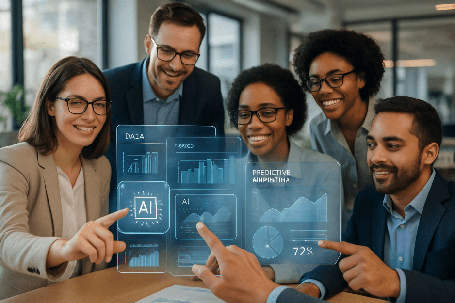 An image depicting the integration of AI into a modern office workflow, with charts and data visualizations.