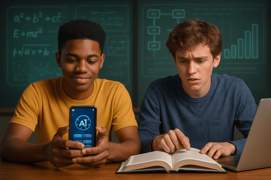 A diverse group of students collaborating in a modern university library, using various digital devices.