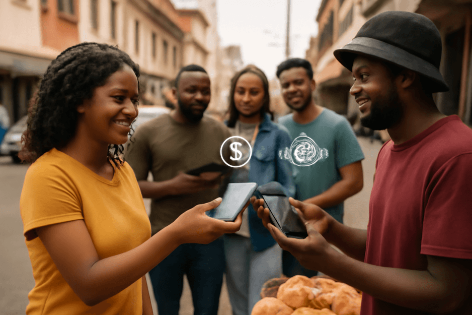 A graphic illustrating the Ripple and Mandla Money partnership with logos and a smartphone showing the WhatsApp interface.