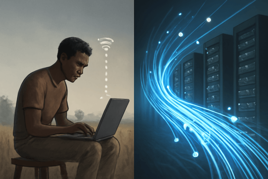 An abstract artistic representation of AI in Africa, showing interconnected data streams and networks across the continent.