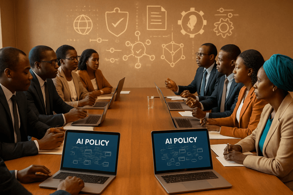Stylized graphic showing diverse African faces integrated with digital patterns, representing local data and languages in AI.