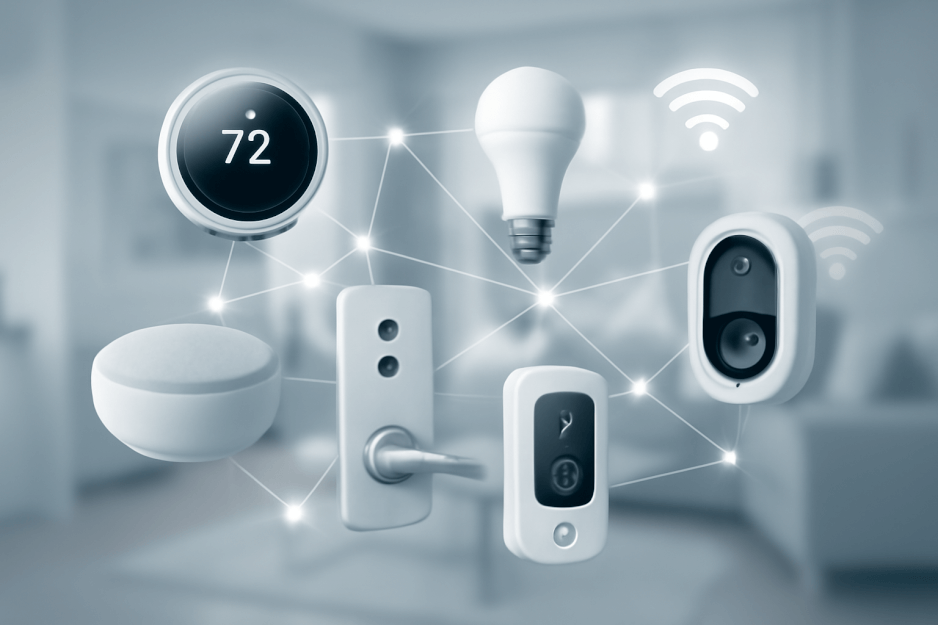 A smart home dashboard on a tablet showing various connected devices like lights, locks, and temperature controls.