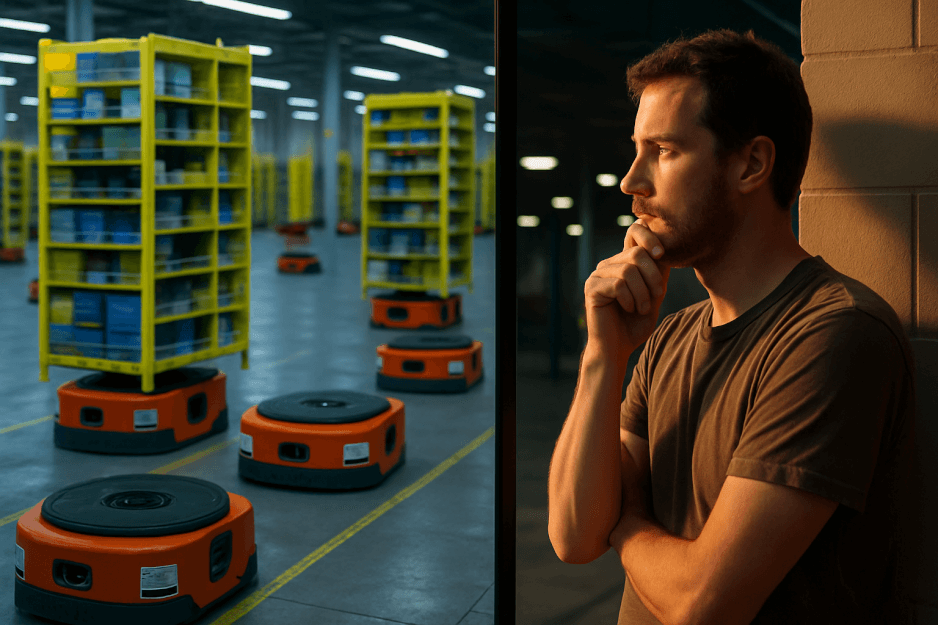 A close-up of the robotic arms of Amazon's Blue Jay system