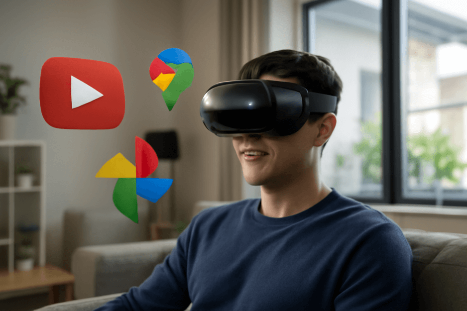 A person wearing the new Samsung Galaxy XR headset, looking immersed in a digital environment.