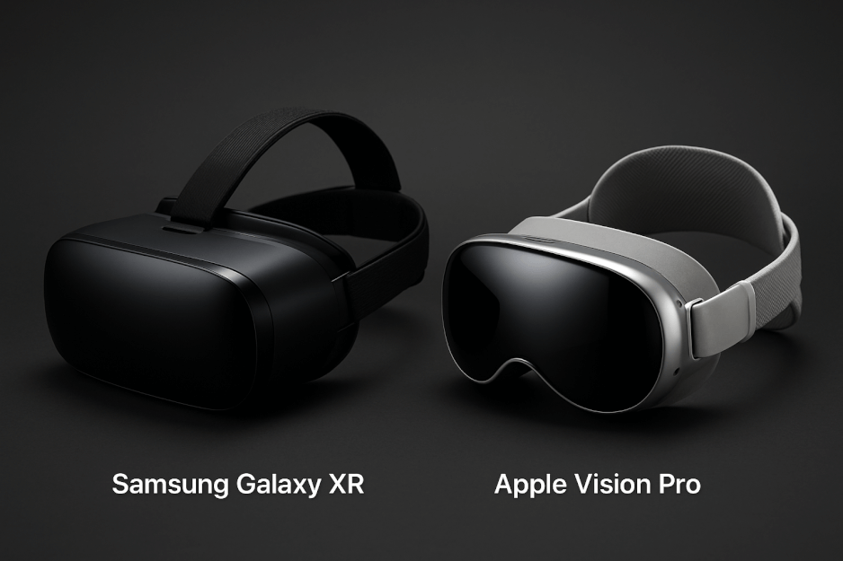 A sleek product shot of the Samsung Galaxy XR headset and controllers.