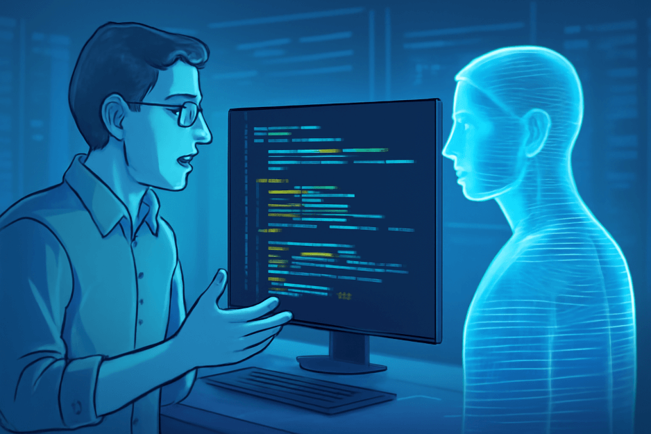 Abstract representation of AI and human collaboration in coding.
