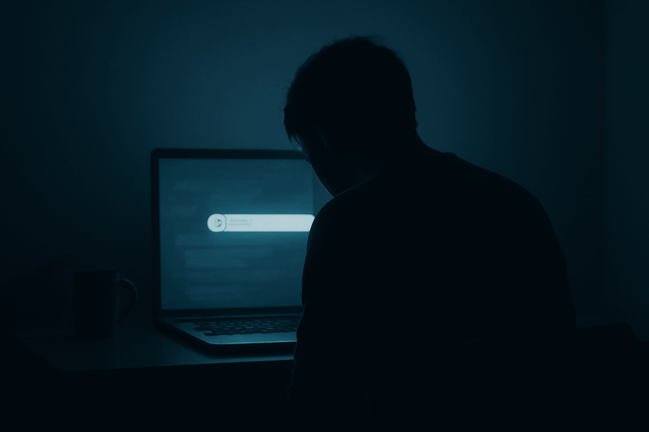 An illustration showing a person sitting in front of a computer, head in hands, with code and data streams in the background representing generative AI.