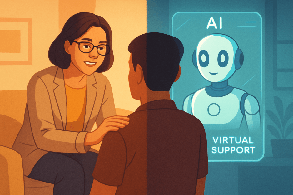 A split-screen image showing a human therapist talking to a patient on one side, and a person interacting with an AI chatbot on a phone on the other side.
