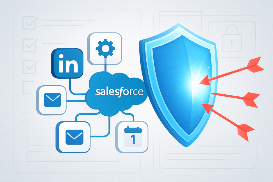 An image symbolizing SaaS ecosystem security. A glowing blue shield protects a network of interconnected app icons, including Salesforce, from red threat arrows. This represents a proactive security strategy for SaaS integrations.