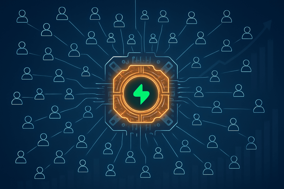 A visual of a 'Pull Request Merged' notification on a screen, with glowing particles transforming into a physical stock certificate, illustrating Supabase's developer equity reward system.