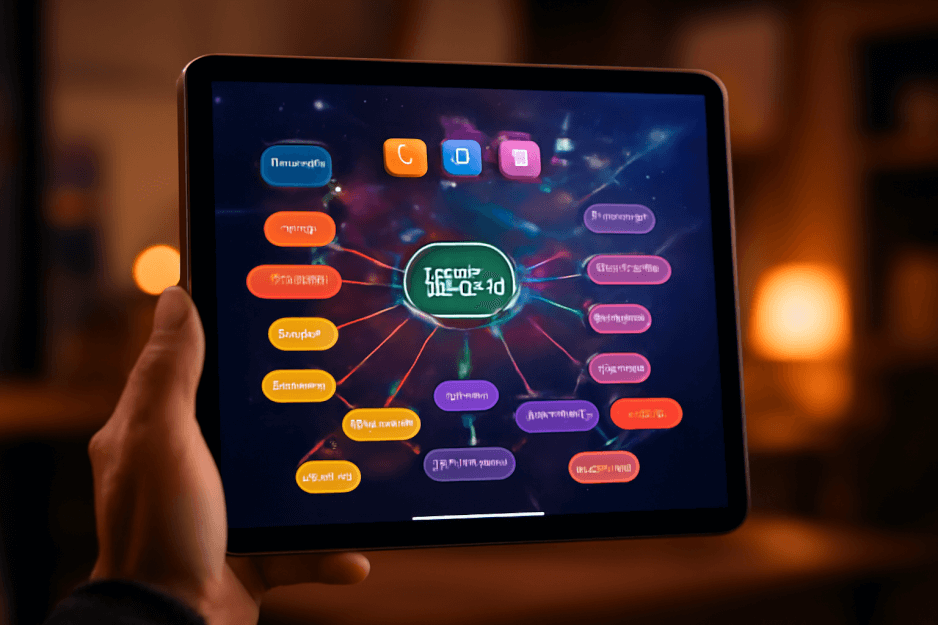 An abstract visualization of Apple's new 'Aura' AI working on an iPad Pro. A glowing neural network of light particles can be seen behind the main user interface, symbolizing on-device intelligence.