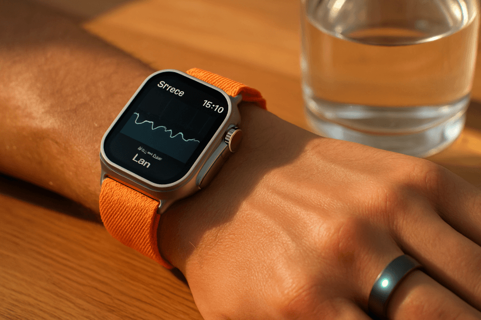 A close-up of the Apple Watch Ultra 3 and the new Apple Ring being worn together, representing Apple's new health guardian ecosystem.