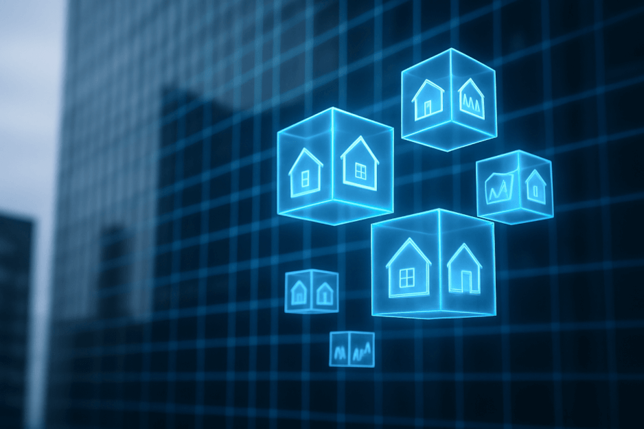 A conceptual image illustrating the tokenization of real-world assets, with a modern building being overlaid with a digital grid from which small, tradable asset-backed tokens emerge.