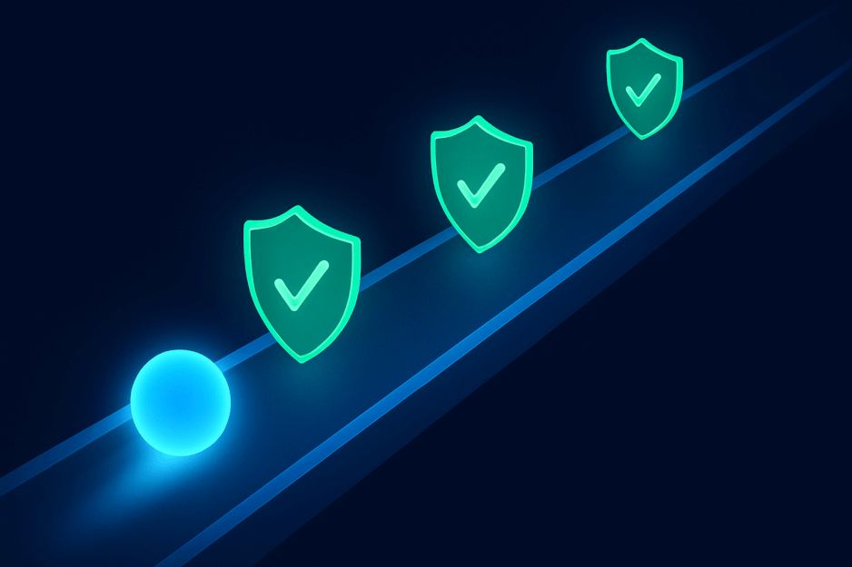 An abstract image of an AI agent represented by a glowing sphere safely moving along a pathway with digital guardrails and passing through green compliance checkpoints, symbolizing the safety features in OpenAI's AgentKit.