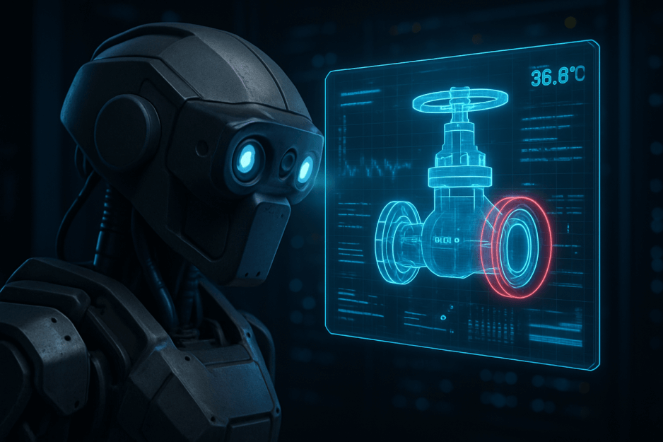 A conceptual image showing an inspection robot's head with a holographic overlay of AI-driven data analysis, representing the software platform that powers autonomous industrial inspection.