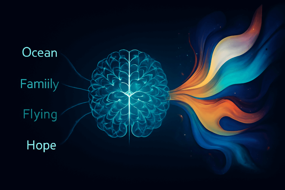 An infographic visualizing how an AI neural network processes text inputs like 'hope' and 'ocean' and transforms them into abstract, colorful light art.