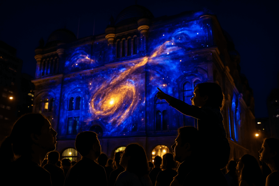 A crowd of diverse people in a Sydney square at night, looking up in awe at a massive, colorful AI-generated light mural projected onto a historic building.