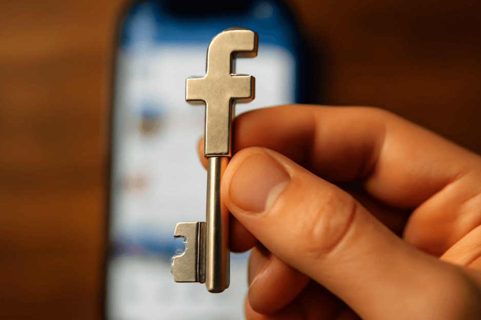 A person's hand holding a key with the Facebook logo on it, set against a blurred background of a social media feed, symbolizing new user control features.