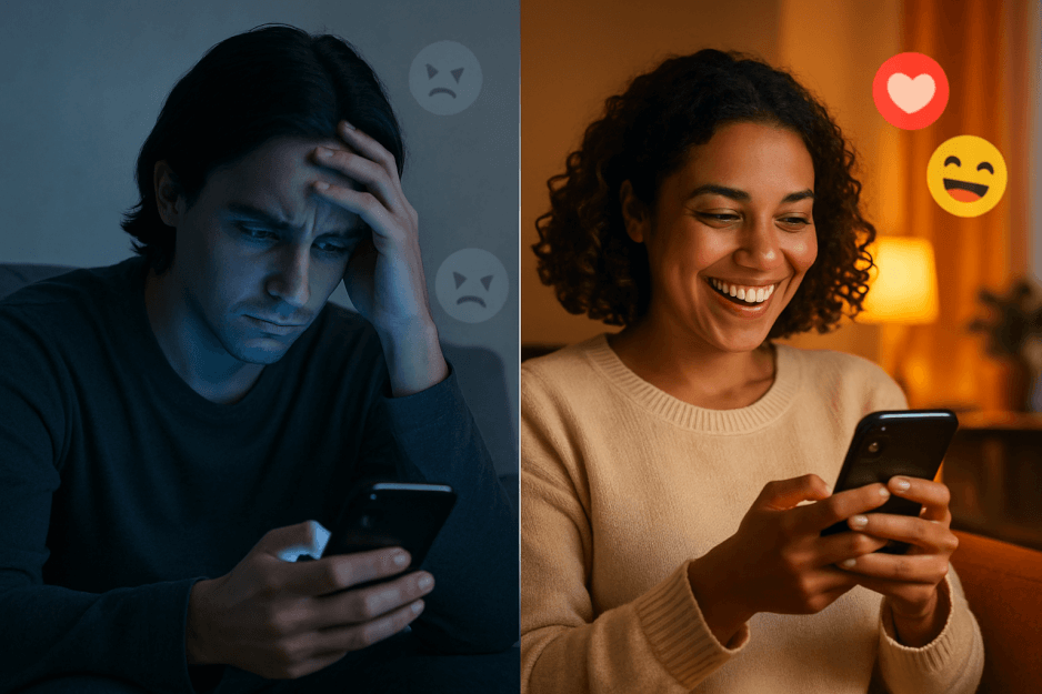 A split-screen image comparing two people's reactions to their phones: one is frustrated, and the other is happy, questioning the effectiveness of Facebook's new feed controls.