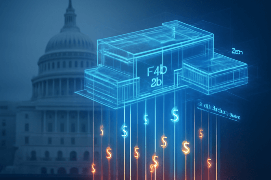 A visual representation of the CHIPS Act, showing government funding flowing into the construction of a new American semiconductor factory, symbolizing federal support for companies like Intel.