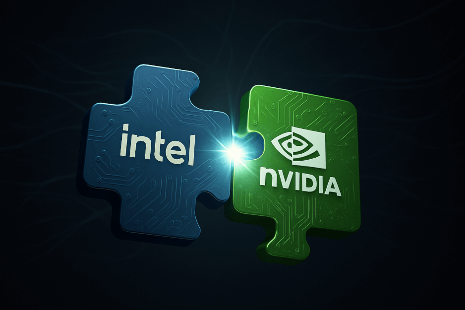 An abstract image showing the Intel and Nvidia brands coming together, symbolizing their strategic partnership in the AI chip manufacturing and foundry services industry.