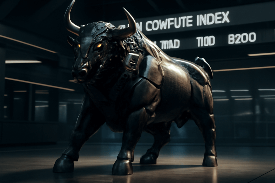 A powerful bull statue resembling the Wall Street icon, but made entirely of silicon wafers and high-performance GPUs, symbolizing the financial market's new focus on AI compute hardware as a prime asset.