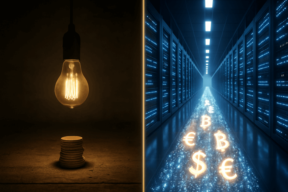 A split image showing venture capital funding shifting from a small pile of coins for a lightbulb (an idea) to a massive river of digital currency flowing into a datacenter (AI compute infrastructure).
