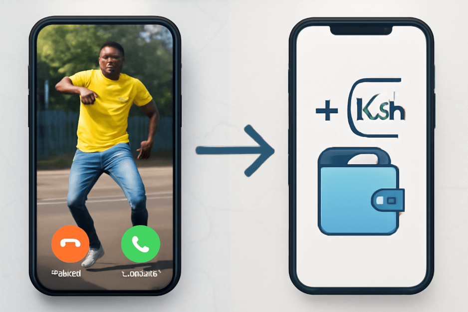 A professional portrait of a young African woman, a content creator from Kenya, smiling confidently against a white background while holding a smartphone, symbolizing the financial empowerment from VybCall's video ring back tone service.