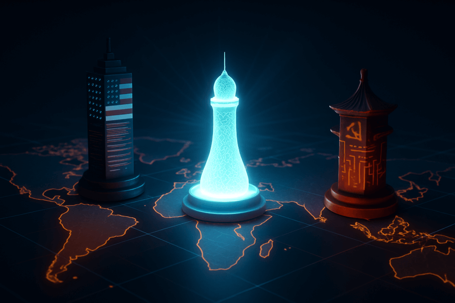 A futuristic global strategy map depicts Saudi Arabia as a new, central player in the global AI race, challenging the established dominance of the United States and China with its ambitious AI governance initiatives.