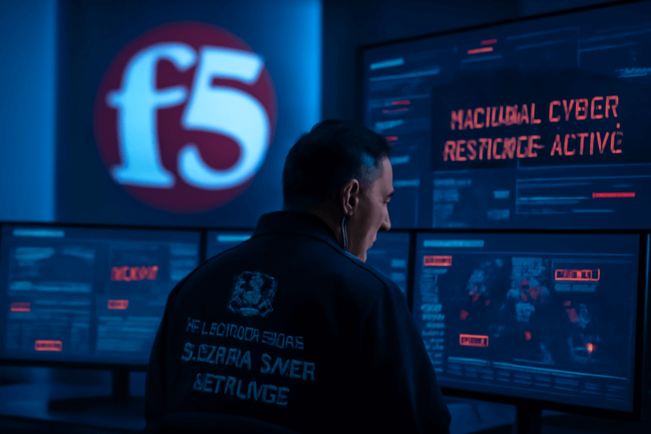 Cybersecurity operations center with multiple screens showing data and code.