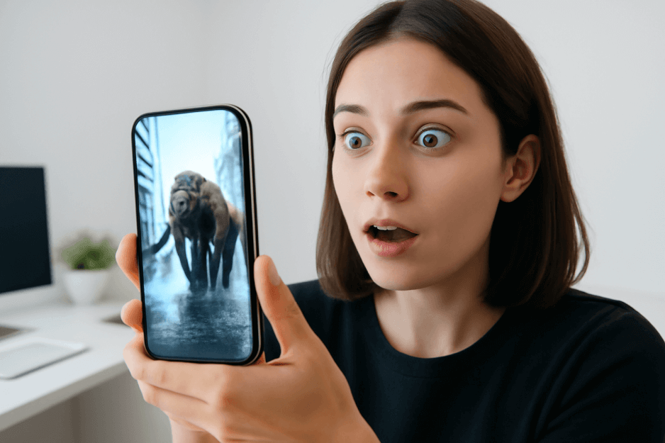 Woman in awe of Sora AI-generated mammoth video embodies the synthetic social media revolution as Sora Surges Past TikTok and Instagram.